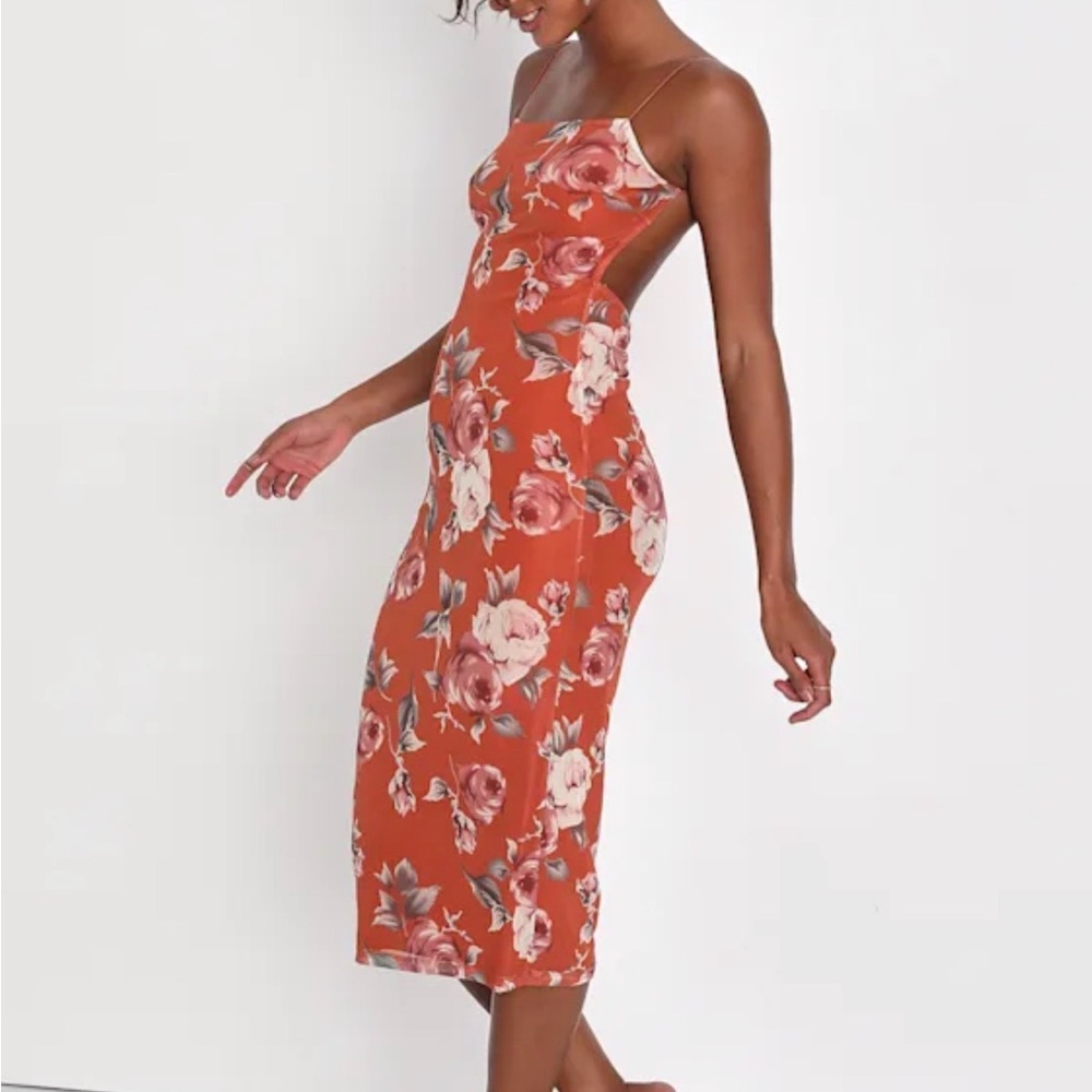 Lulu's Rust Floral Slip Midi Dress with Side Cutouts